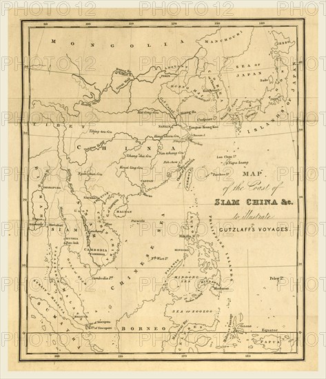 Journal of three voyages along the Coast of China, in 1831, 1832, and 1833, map of the coast of Siam China to illustrate Gutzlaffs voyages, 19th century engraving