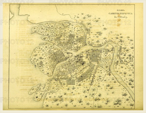 Map 1756, Russia, St Petersburg, 19th century engraving