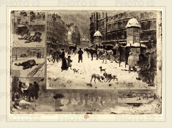 Félix-Hilaire Buhot (French, 1847-1898), L'Hiver Ã  Paris (Winter in Paris), 1879, etching, aqautint, spit-bite etching, soft-ground etching, drypoint, and scraping on light green laid paper