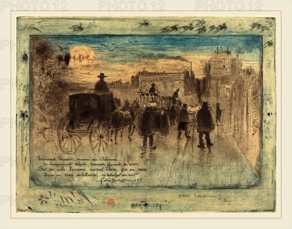 Félix-Hilaire Buhot (French, 1847-1898), Convoi FunÃ¨bre au Boulevard de Clichy (Funeral Procession on the Boulevard de Clichy), 1887, etching, aquatint, drypoint, soft-ground etching and roulette with burnishing over heliogravure in blue-green, blue, black, and brown-red on japan paper