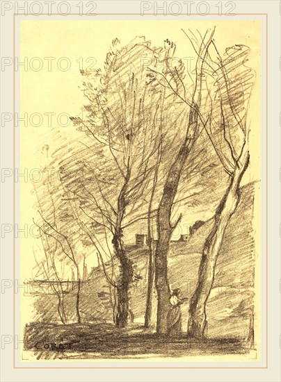 Jean-Baptiste-Camille Corot (French, 1796-1875), Reading Beneath the Trees (La Lecture sous les arbres), 1874, lithograph on yellow paper