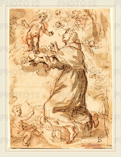 Elisabetta Sirani (Italian, 1638-1665), Saint Francis Adoring the Christ Child, pen and brown ink, with black wash over red chalk on laid paper