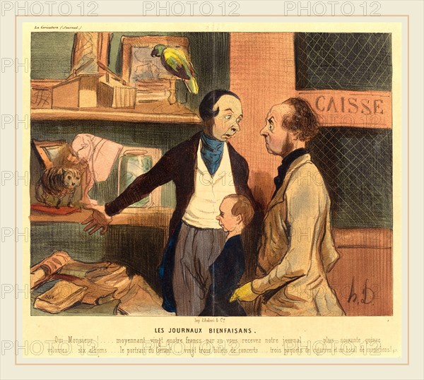 Honoré Daumier (French, 1808-1879), Les Journaux bienfaisans, 1842, hand-colored lithograph