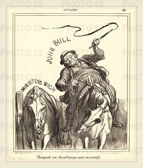Honoré Daumier (French, 1808-1879), Changeant son cheval borgne pour un aveugle, 1866, lithograph on newsprint
