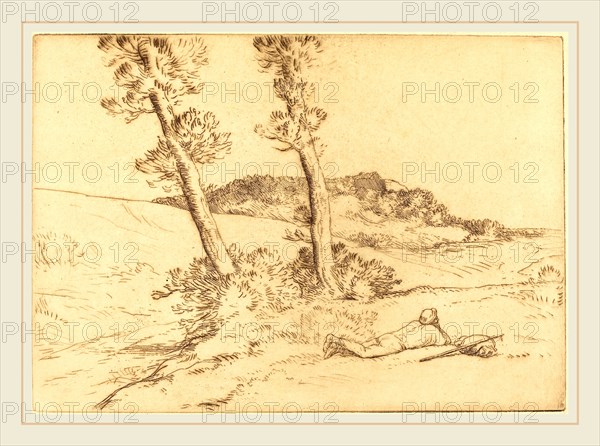 Alphonse Legros, Traveler Reclining on the Grass (Le voyageur etendu sur le gazon), French, 1837-1911, etching and drypoint in brown