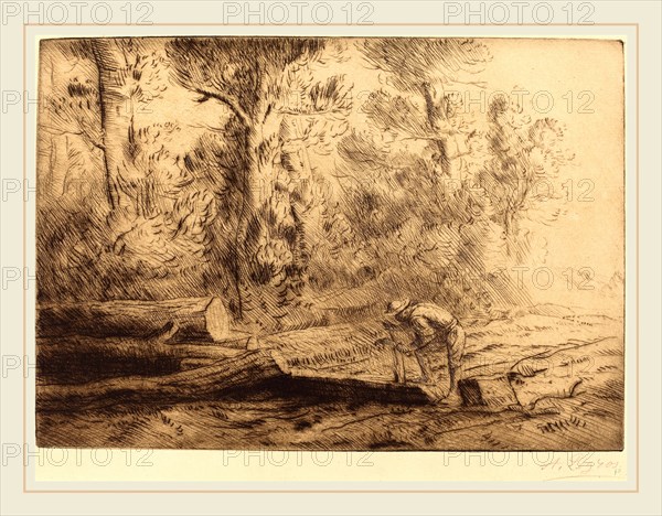 Alphonse Legros, Squaring Logs (Homme que fend des buches), French, 1837-1911, etching and drypoint in brown ink