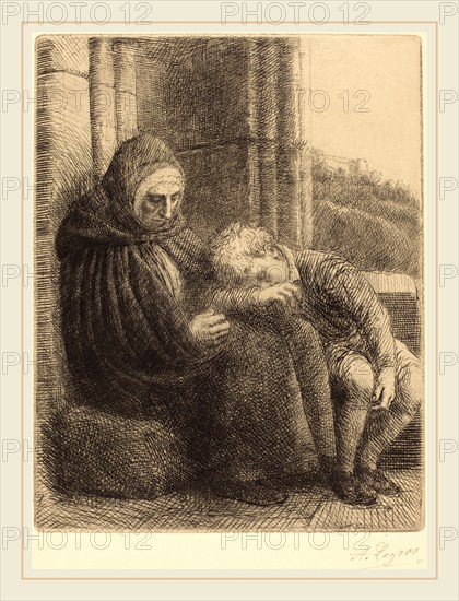Alphonse Legros, Woman Seated against a Wall, Child with His Head in Her Lap (Femme assise, muraille au fond, enfant la tete dans son giron, French, 1837-1911, etching and drypoint