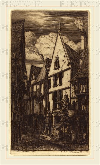 Charles Meryon (French, 1821-1868), La Rue des Toiles, Ã  Bourges, 1853, etching with drypoint on green paper