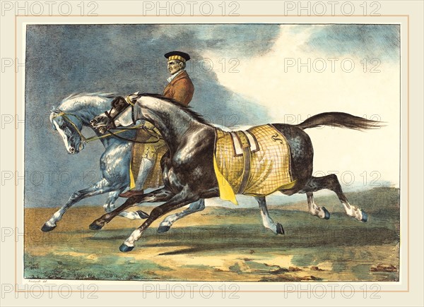 Théodore Gericault and Léon Cogniet (French, 1794-1880), Two Dapple-Gray Horses Exercising (Deux chevaux gris pommele que l'on promene), 1822, color lithograph