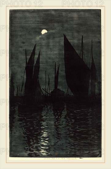 Henri-Charles Guérard (French, 1846-1897), Moonlight in the Harbor at Dieppe, c. 1885, color etching and aquatint on laid paper