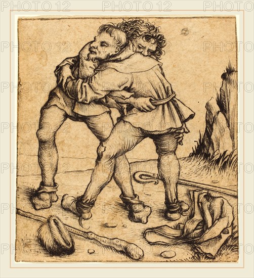 Master of the Housebook (German, active c. 1465-1500), Two Peasants Fighting, c. 1475-1480, drypoint