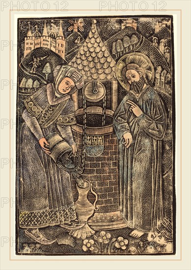 German 15th Century, Christ and the Woman of Samaria, c. 1470, metalcut, hand-colored in gray and rose