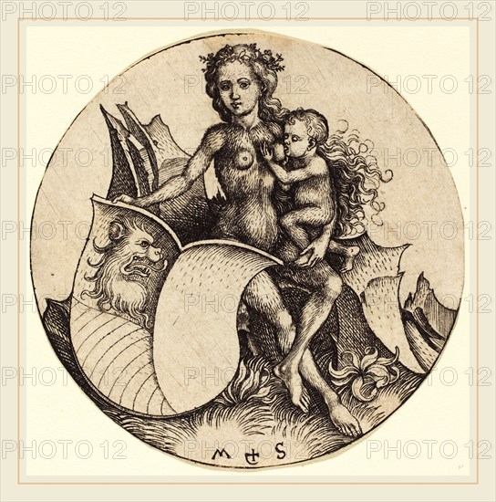 Martin Schongauer (German, c. 1450-1491), Shield with Lion's Head, Held by Wild Woman, c. 1480-1490, engraving
