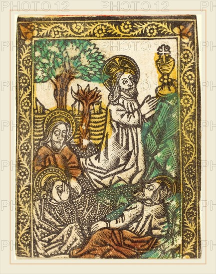 Workshop of Master of the Borders with the Four Fathers of the Church, Christ on the Mount of Olives, 1460-1480, metalcut, hand-colored in yellow, red-brown lake, and green
