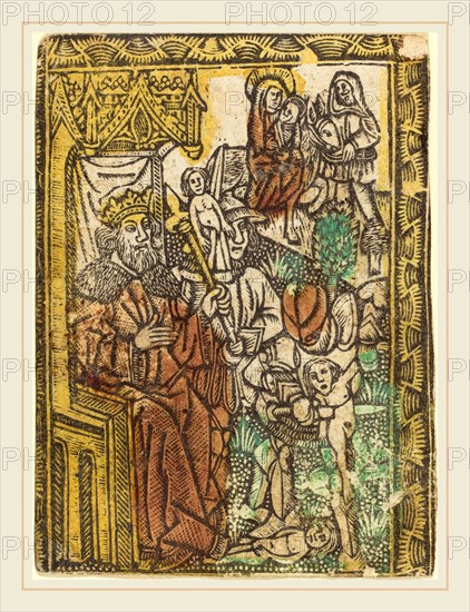 German 15th Century, The Adoration of the Magi, c. 1470-1480, metalcut, hand-colored in yellow, red-brown lake, and green
