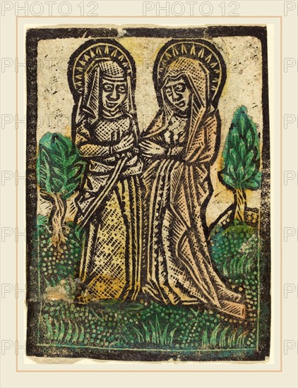 Workshop of Master of the Aachen Madonna, The Visitation, 1460-1480, metalcut, hand-colored in green, red lake, and yellow