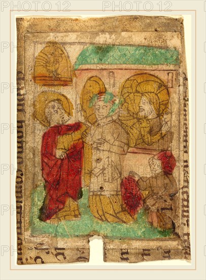German 15th Century, The Denial of Peter, c. 1455-1465, woodcut in brown, hand-colored in red lake, green,brown, and ochre