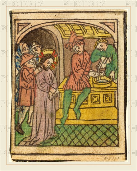 German 15th Century, Pilate Washing His Hands [recto], c. 1440-1450, woodcut, hand-colored in lavender, rose, green, yellow, brown, blue, and red