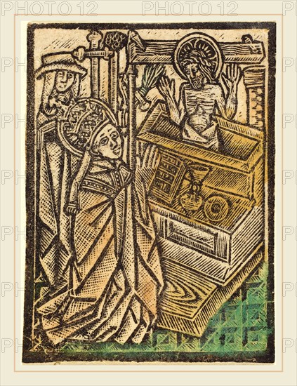 Workshop of Master of the Aachen Madonna, Saint Gregory, c. 1480, metalcut, hand-colored in green, yellow, and ochre