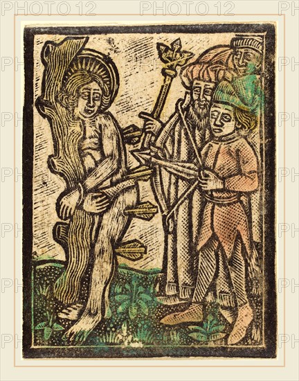 German 15th Century, Saint Sebastian, c. 1480, metalcut, hand-colored in green, rose, and yellow