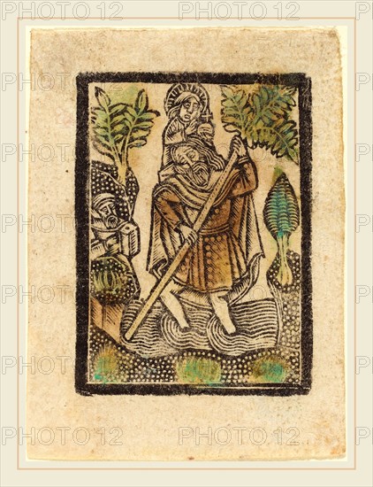 Workshop of Master of the Aachen Madonna, Saint Christopher, 1470-1480, metalcut, hand-colored in green and ochre