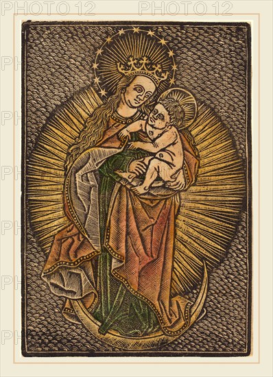 German 15th Century or Master of the Meshed Background (German, active fourth quarter 15th century), Madonna and Child in Glory, fourth quarter 15th century, metalcut, hand-colored in yellow, red, and green
