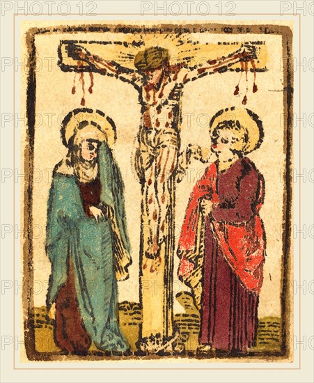 German 15th Century, Christ on the Cross, c. 1490-1500, woodcut, hand-colored in blue-green, vermilion, lavender, brown, olive, and yellow