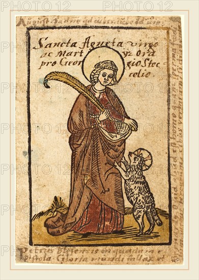 German 15th Century, Saint Agnes, c. 1490, hand-colored woodcut with manuscript inscriptions