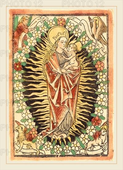 German 15th Century, Madonna and Child in a Rosary, c. 1480, woodcut, hand-colored in red lake, yelllow, black,green, brown, and rose