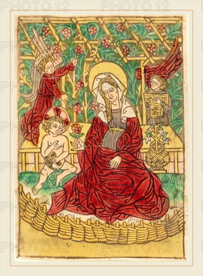 German 15th Century, Madonna in a Closed Garden, 1450-1470, woodcut in brown, hand-colored in red lake, yellow, green, gray, and tan