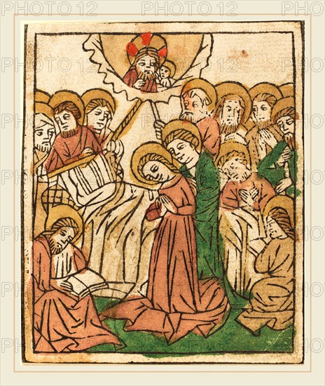 German 15th Century, The Death of the Virgin, c. 1460, woodcut, hand-colored in carmine, brown, green, and ochre
