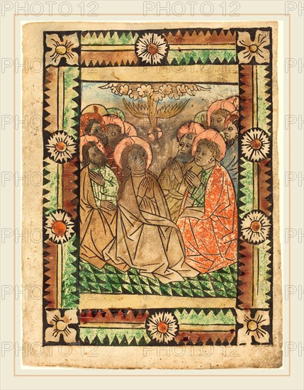 German 15th Century, The Descent of the Holy Ghost, c. 1450, woodcut, hand-colored in tan, brown, orange-red, green, rose, red lake, blue, and gold