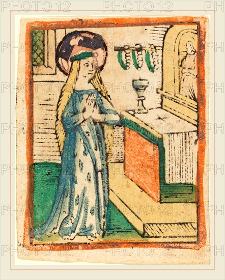 German 15th Century, The Virgin in a Robe Embroidered with Ears of Corn, c. 1470-1480, woodcut, hand-colored in blue, green, orange, yellow, rose, and gold