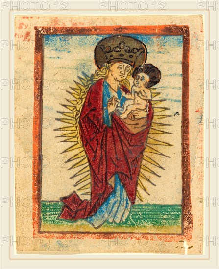 German 15th Century, Madonna and Child in a Glory, c. 1475, woodcut in brown, hand-colored in red lake, blue, yellow, green, gold, and orange; retouched with pen and ink