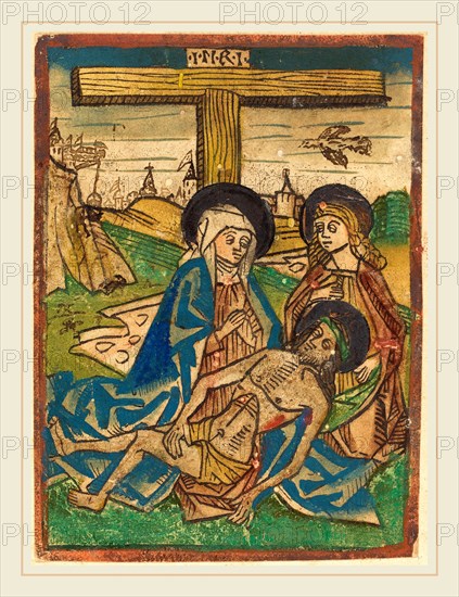 German 15th Century, Pietà  with Saint John, c. 1475-1485, woodcut, hand-colored in blue, red, green, ochre, orange, and gold; with additions in pen and ink