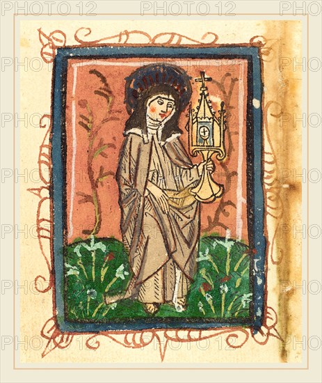 German 15th Century, Saint Clare of Assisi, 1470-1480, woodcut, hand-colored in pink, green, gray, black,gold, and blue