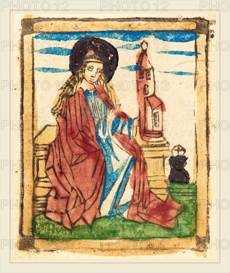 German 15th Century, Saint Barbara, 1460-1470, woodcut in brown, hand-colored in red lake, yellow, green, blue, ochre, and gold
