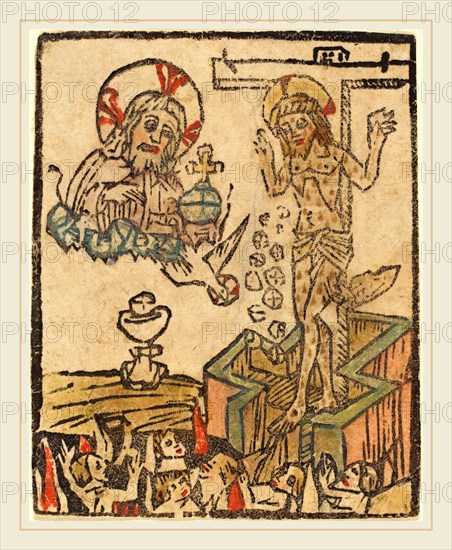 German 15th Century, Allegory of the Eucharist, 1480-1500, woodcut, hand-colored in orange, green, tan, pink,lt. blue, and red