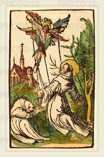 German 15th Century, Saint Francis Receiving the Stigmata, 1500-1510, woodcut, hand-colored in green, yellow, indian red, and blue