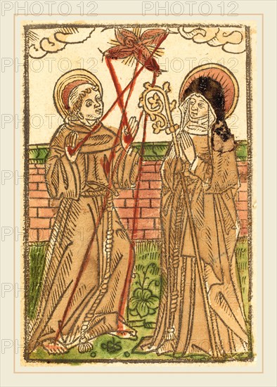 German 15th Century, Saint Francis and Saint Clara, c. 1480, woodcut, hand-colored in brown, rose, green, black, and yellow