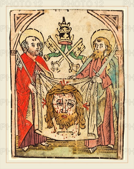German 15th Century, Saints Peter and Paul with the Sudarium, in or after 1475, woodcut, hand-colored in vermilion, red-violet, rose, blue, green, brown, and yellow
