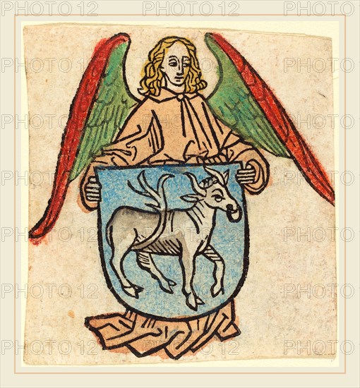 German 15th Century, Bookplate of Hilprand Brandenburg of Bibrach, c. 1475, woodcut, hand-colored in green, rose, light blue, red, and yellow