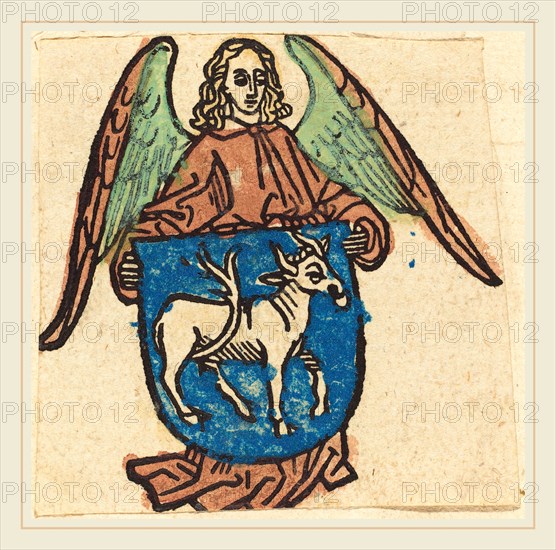German 15th Century, Bookplate of Hilprand Brandenburg of Bibrach, in or after 1500, woodcut, hand-colored in green, rose, light blue, red, and yellow