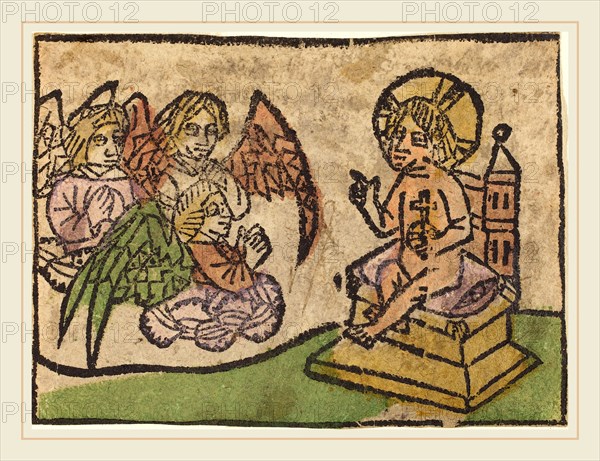 German 15th Century, Christ Child with Three Angels, c. 1460-1470, woodcut, hand-colored in green, venetian red, yellow, and lavender