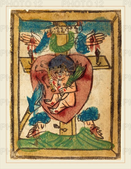 German 15th Century, Christ Child in the Sacred Heart, 1450-1470, woodcut in warm black, hand-colored in red lake, blue, green, yellow, and gold