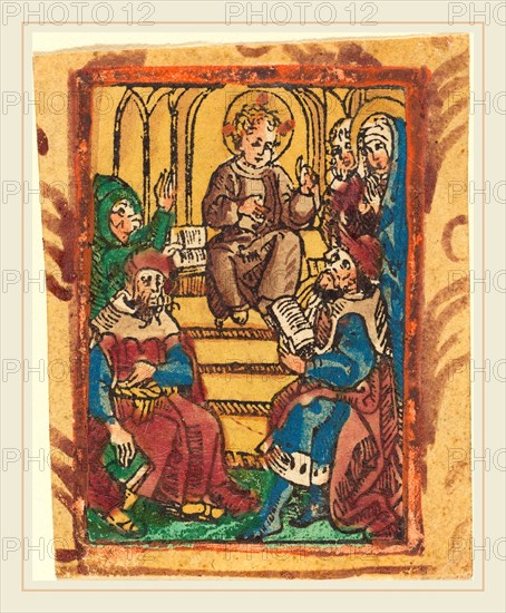 German 15th Century, The Twelve Year Old Jesus in the Temple, c. 1490-1500, woodcut, hand-colored in dark blue, red, yellow, ochre, and brown-violet