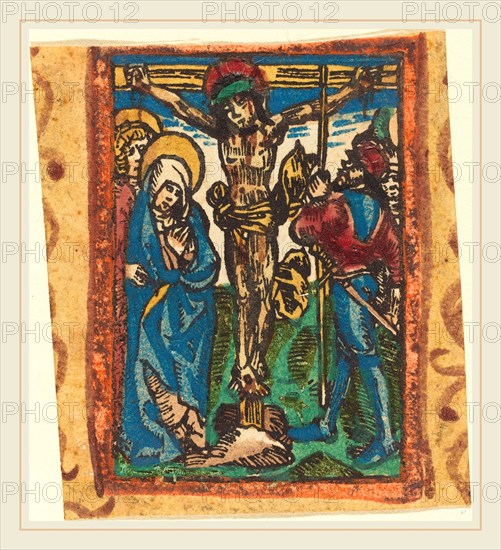 German 15th Century, The Crucifixion, c. 1490-1500, woodcut, hand-colored in red lake, blue, yellow, green, and vermilion