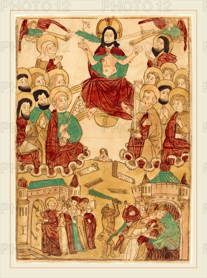German 15th Century, The Last Judgment with the Apostles, c. 1460, woodcut, hand-colored in red lake, ochre, green, brown, tan, and black