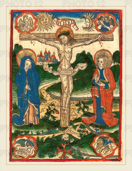 German 15th Century, Christ on the Cross, 1480-1500, woodcut, hand-colored in green, blue, vermilion, rose, pale orange, and red on vellum