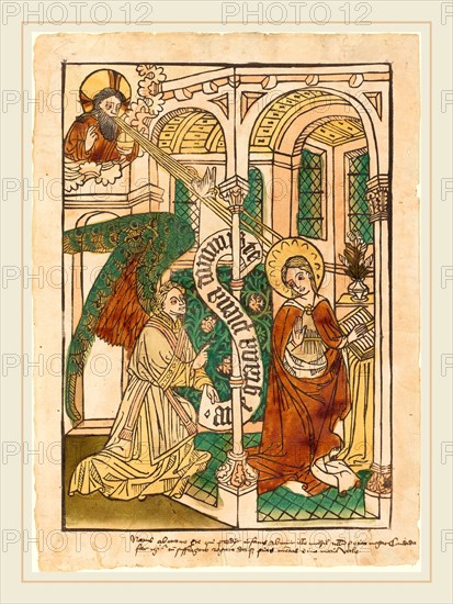 German 15th Century, The Annunciation, c. 1450-1470, woodcut, hand-colored in red lake, green, yellow, tan, olive, and pink